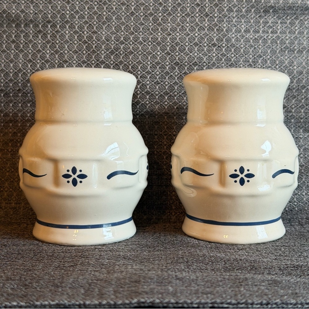 Longaberger Woven Traditions Navy Blue Salt and Pepper Shakers w/ Stoppers Plugs